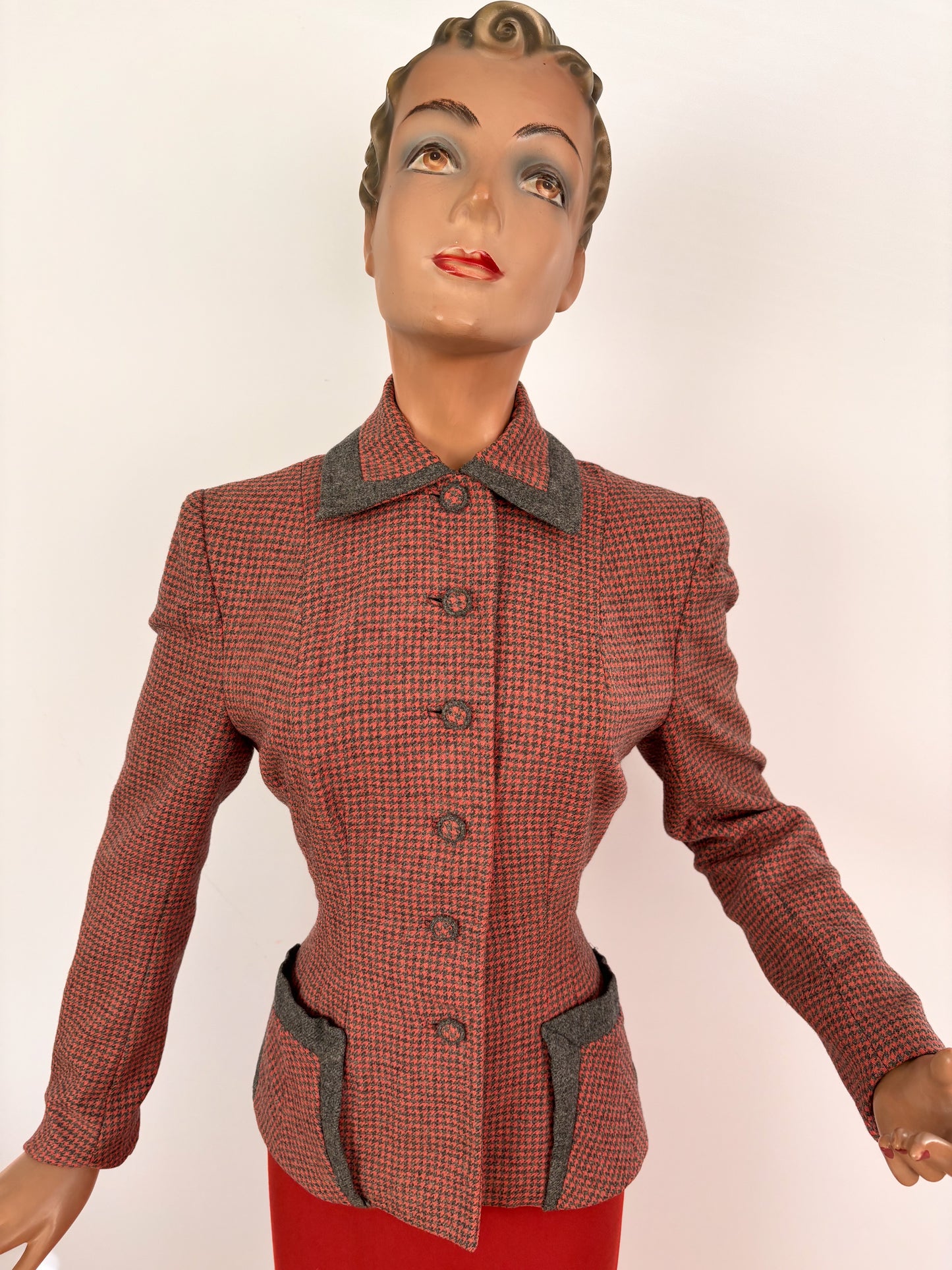 S | 1940s 'Hoot Lass Bonnie' Houndstooth Wool Jacket
