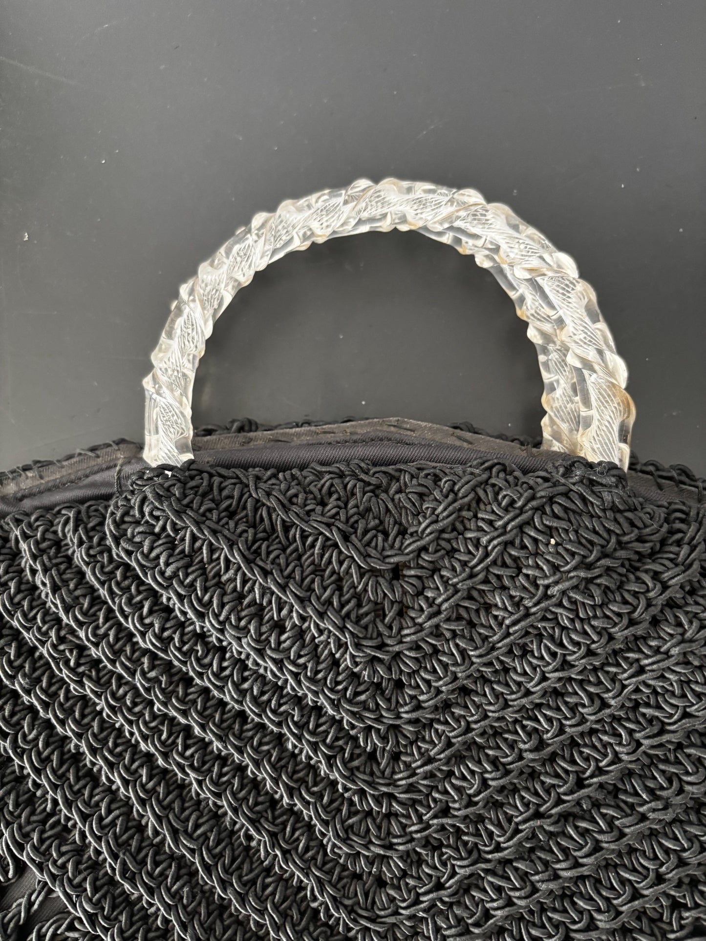 1940s Black Cord Handbag With Lucite Handles