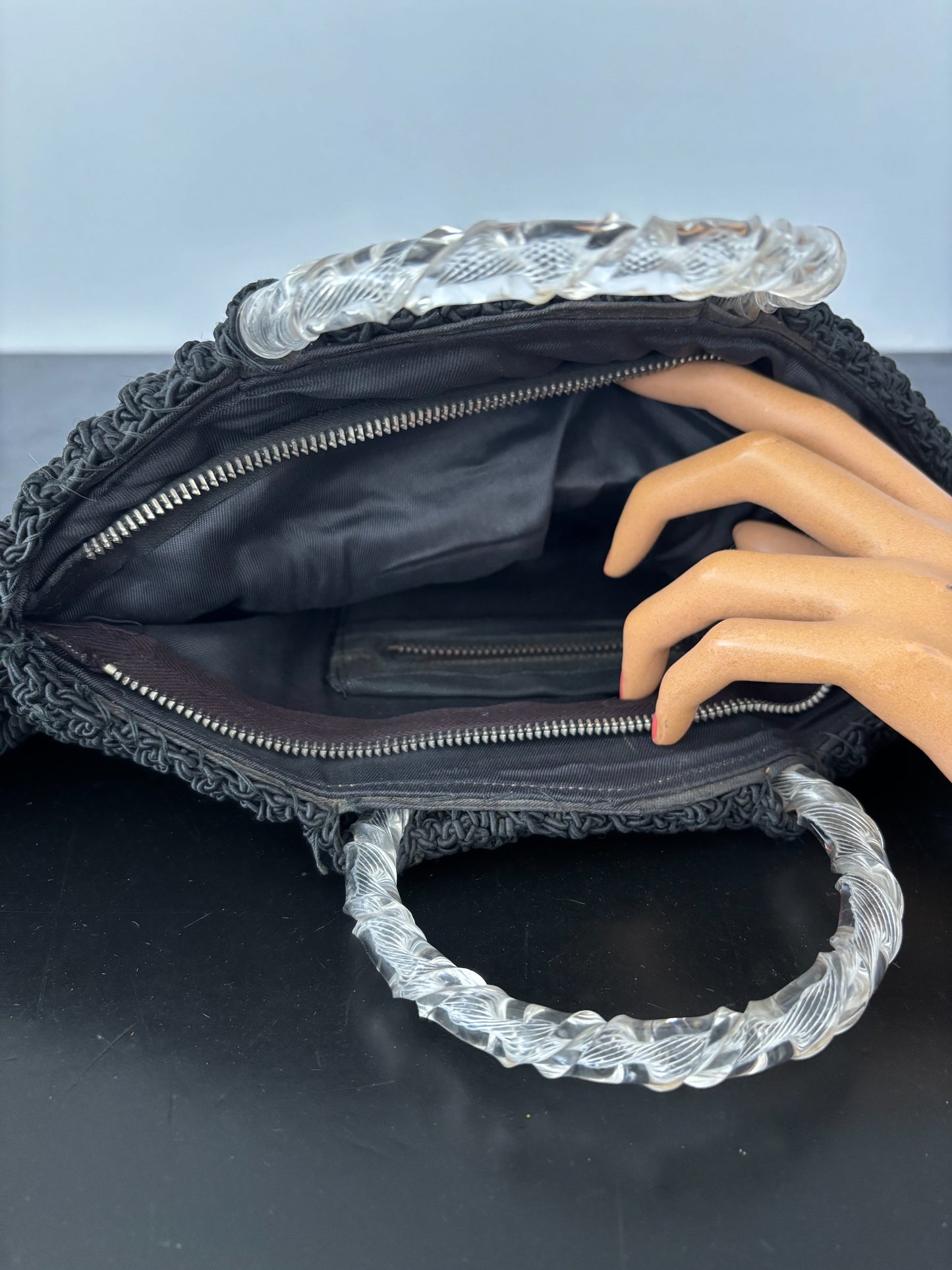 1940s Black Cord Handbag With Lucite Handles
