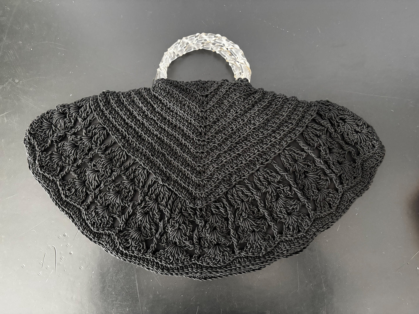 1940s Black Cord Handbag With Lucite Handles