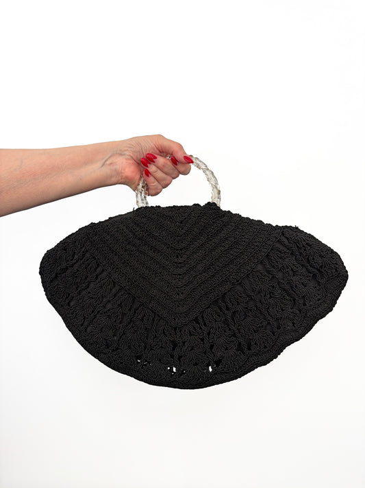 1940s Black Cord Handbag With Lucite Handles