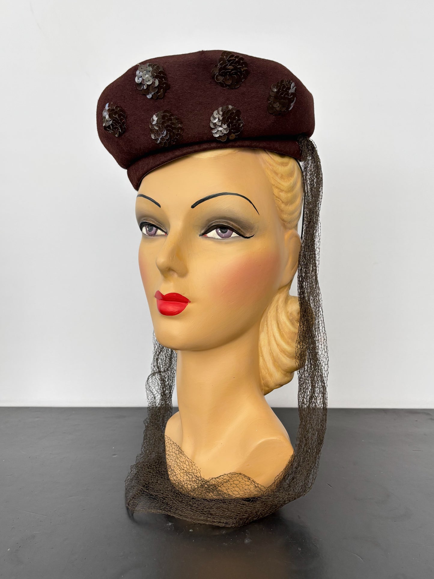 1940s New York Creation Brown Felt Hat With Sequins and Veil
