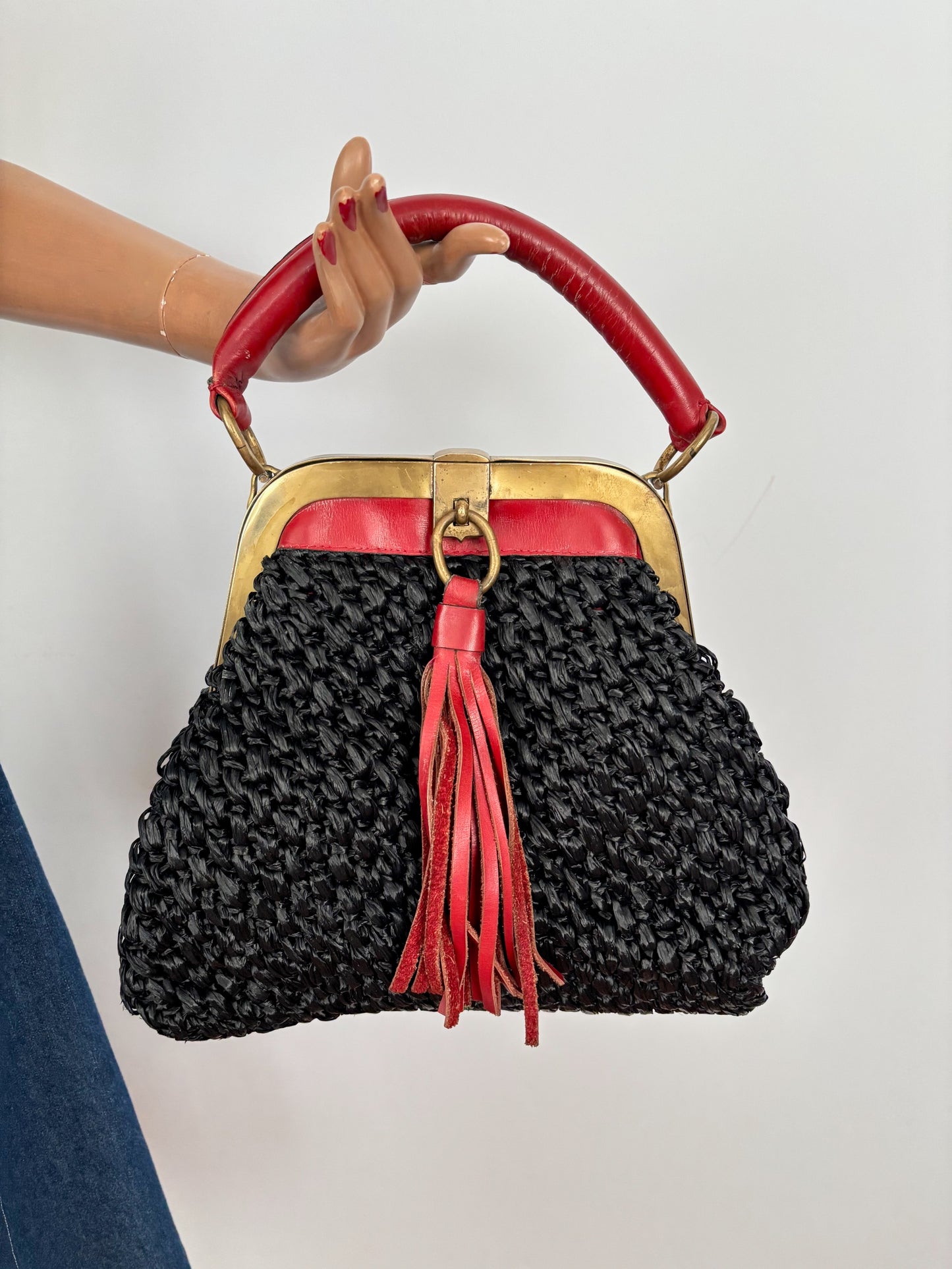 1960s Donna Esa Raffia Leather Statement Handbag
