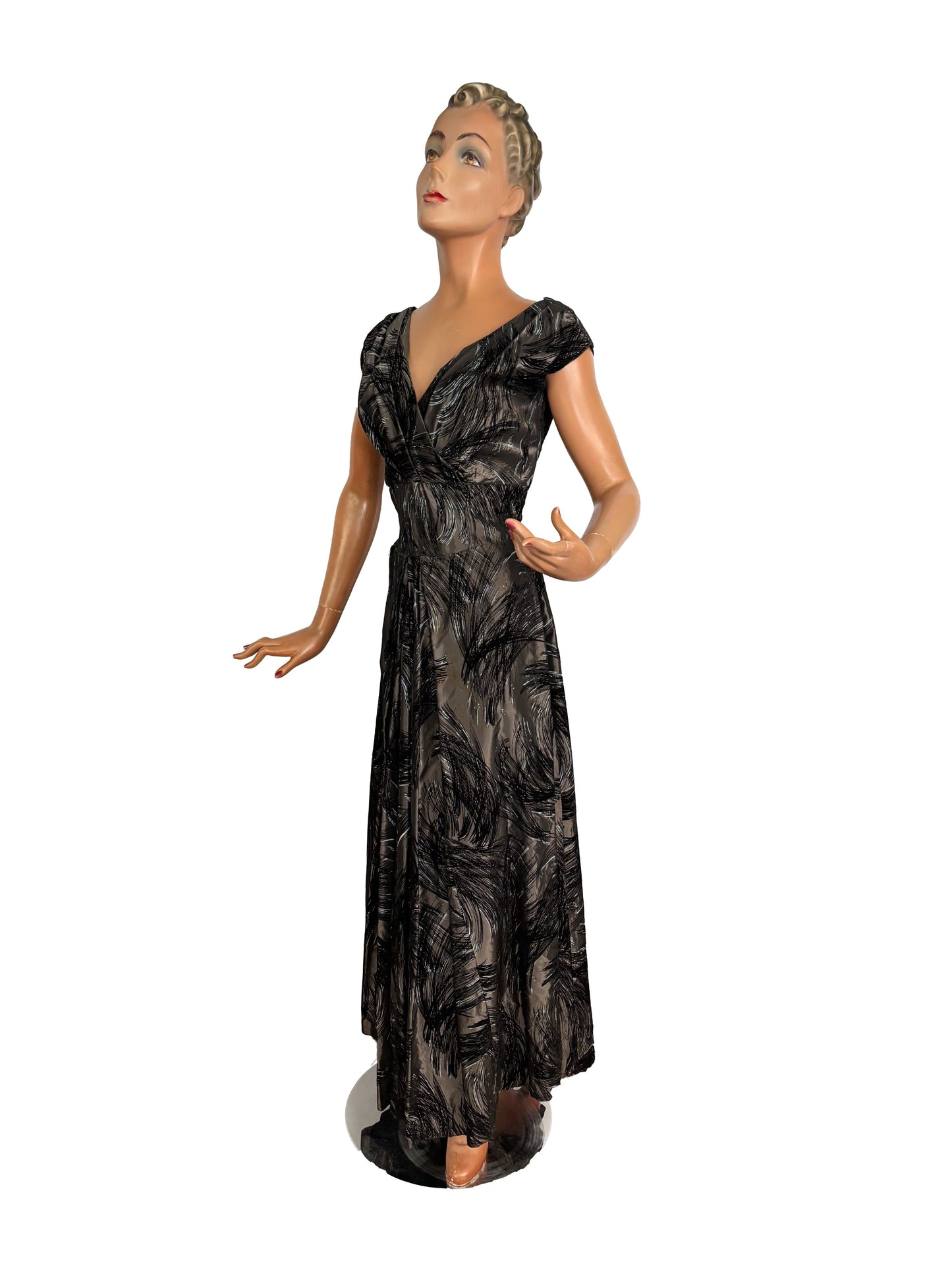 M | 1950s Grey Taffeta Evening Dress with Flock Print