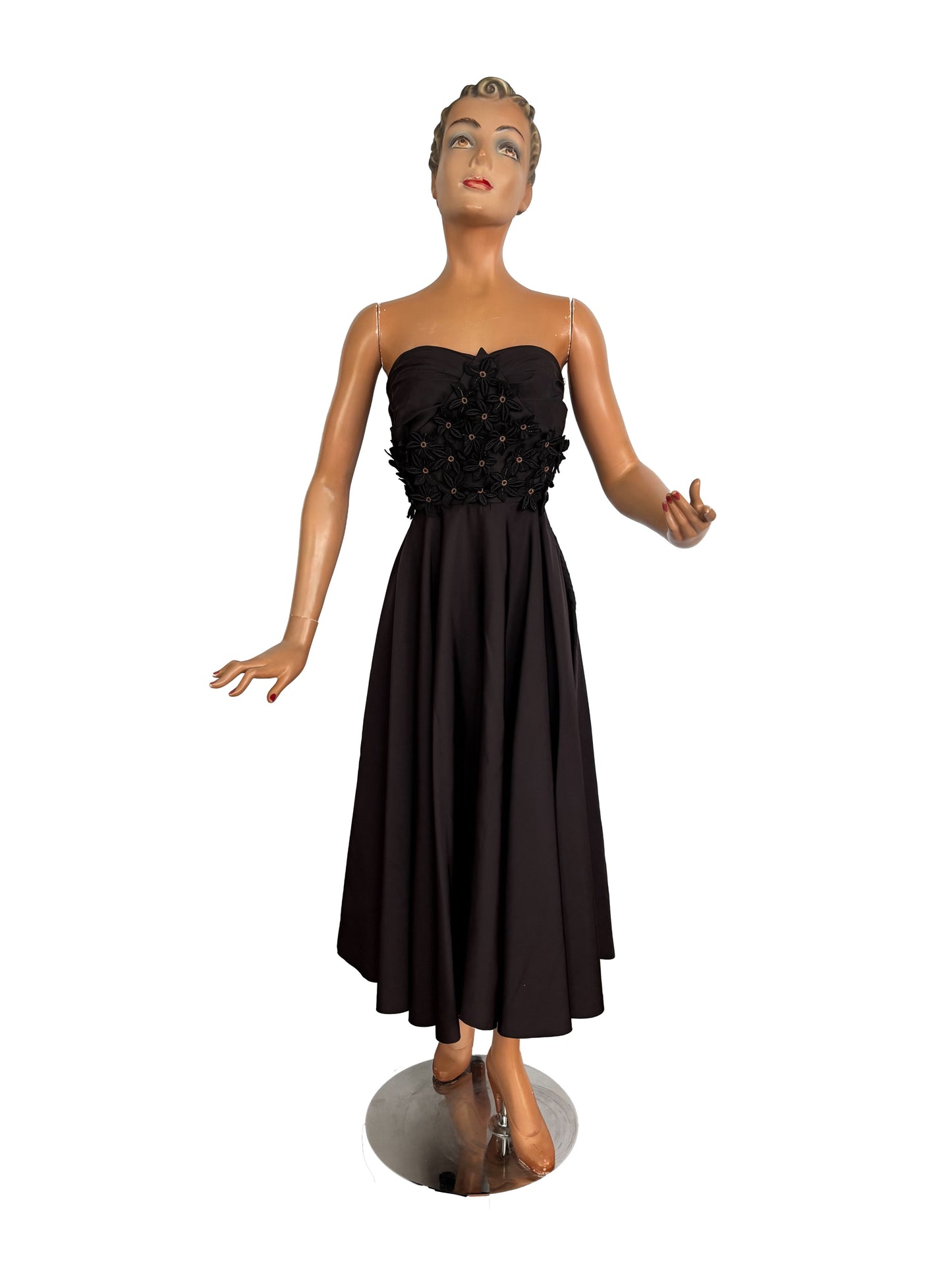 S | 1950s Black Taffeta Strapless Cocktail Dress with Appliqué Flowers