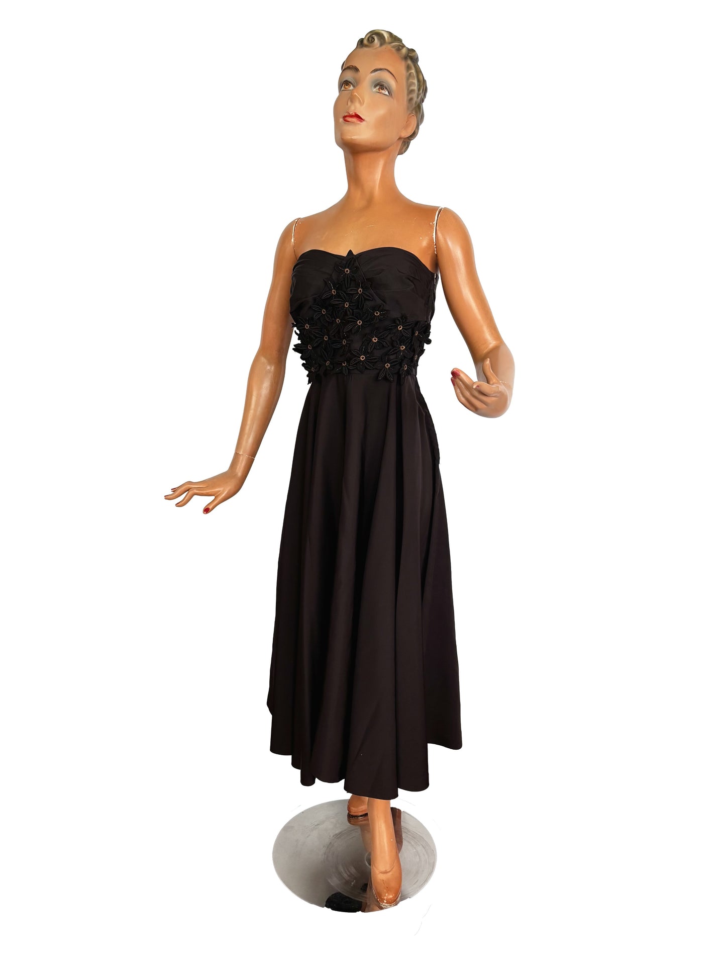 S | 1950s Black Taffeta Strapless Cocktail Dress with Appliqué Flowers