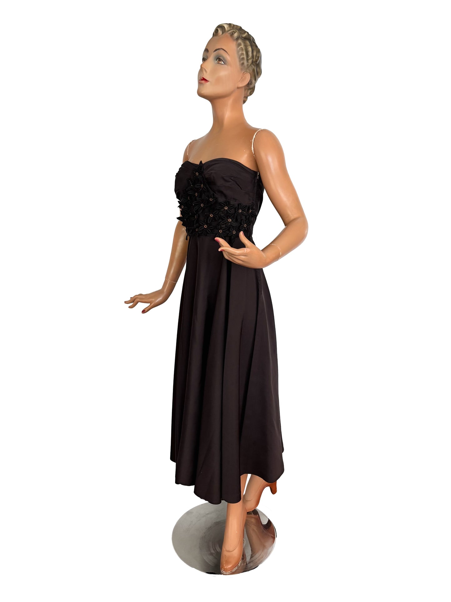 S | 1950s Black Taffeta Strapless Cocktail Dress with Appliqué Flowers