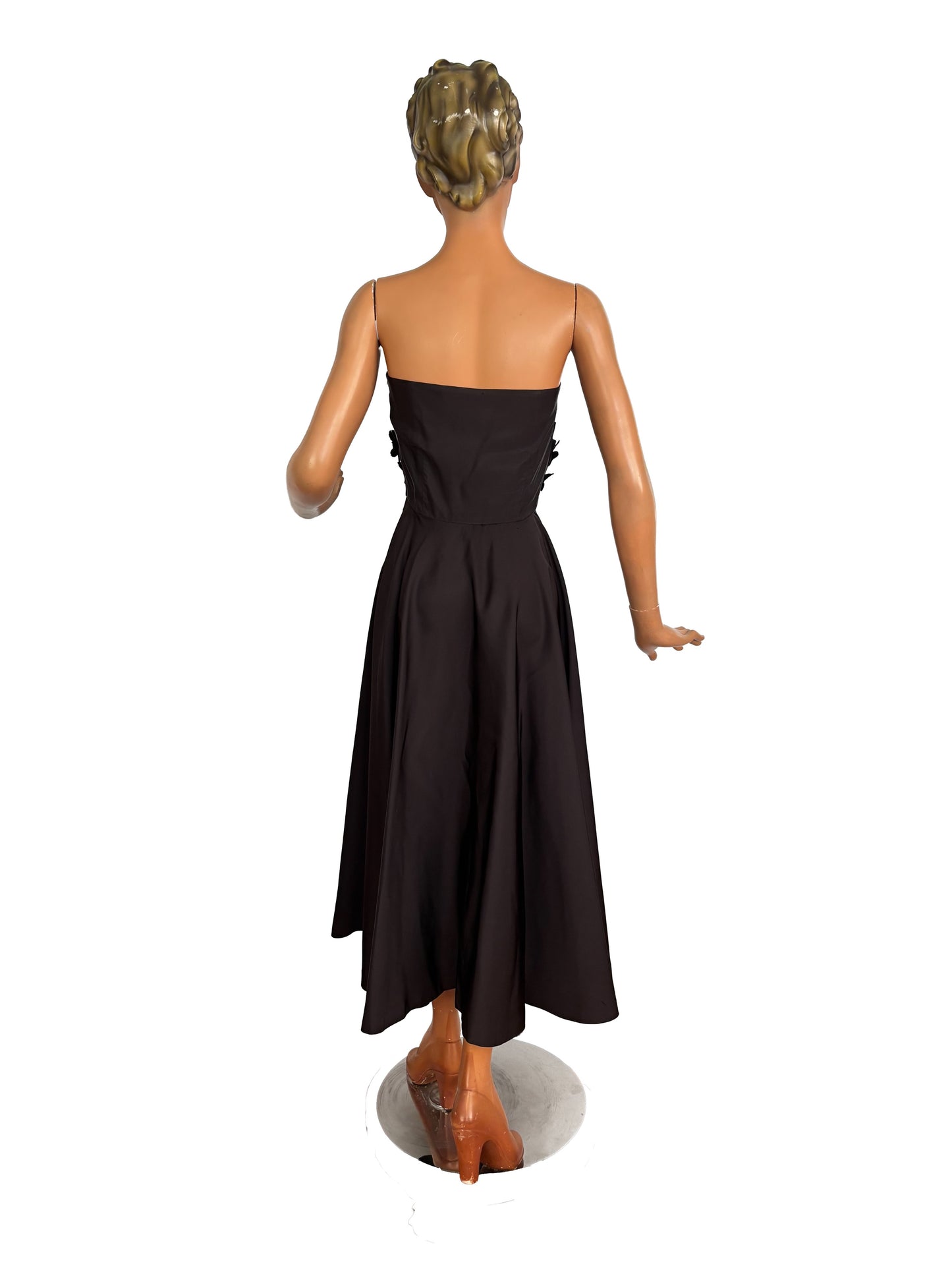 S | 1950s Black Taffeta Strapless Cocktail Dress with Appliqué Flowers
