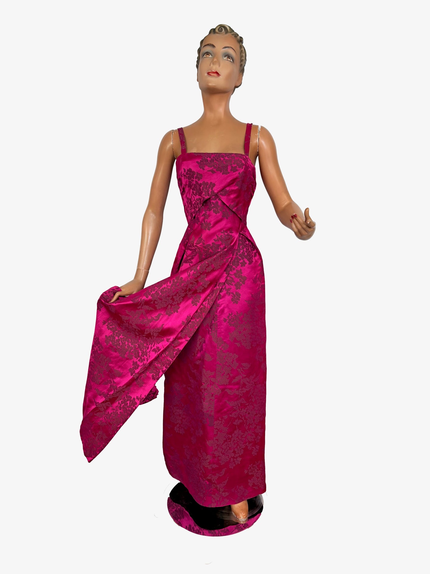 S | 1950s Fuchsia Brocade Evening Dress