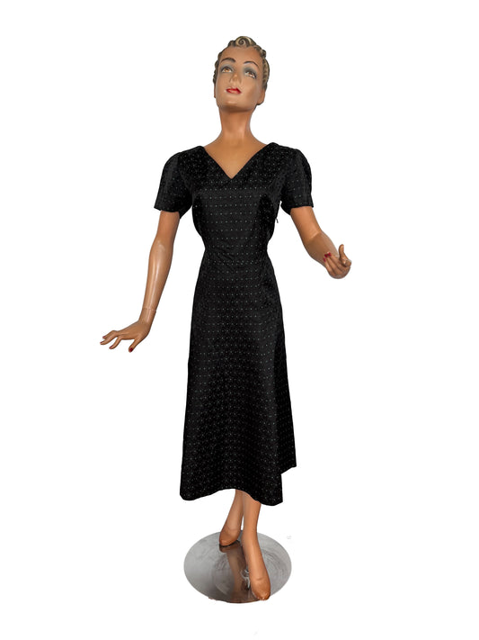 L | 1950s Black Rayon Jacquard Dress with Green Floral Weave