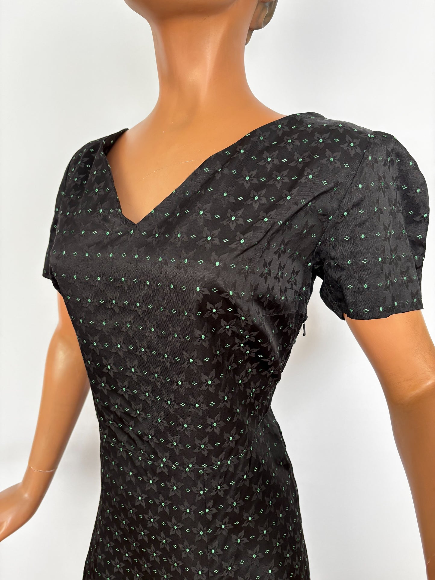 L | 1950s Black Rayon Jacquard Dress with Green Floral Weave