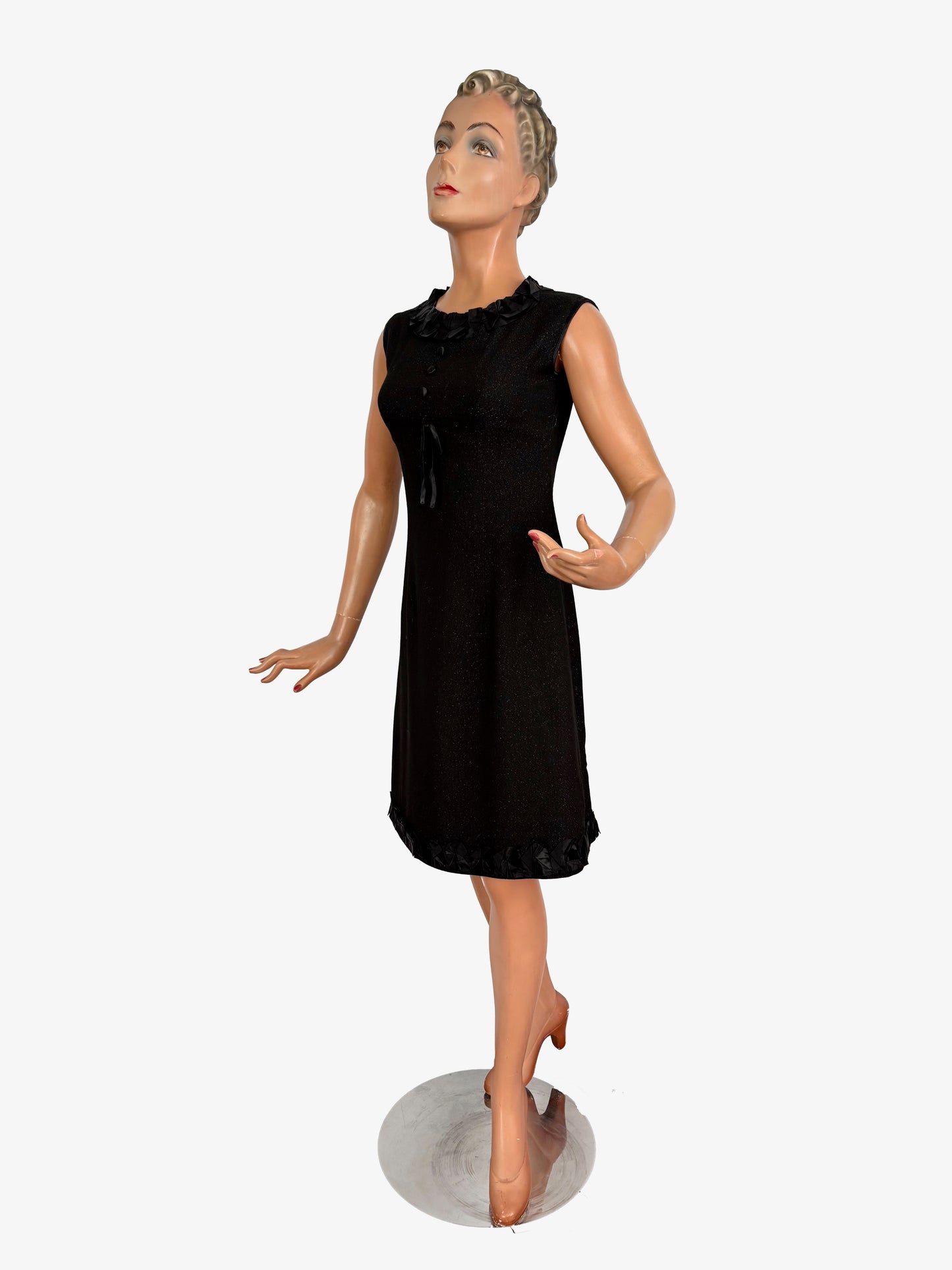 S | 1960s Little Black Lurex Dress With Satin Trim