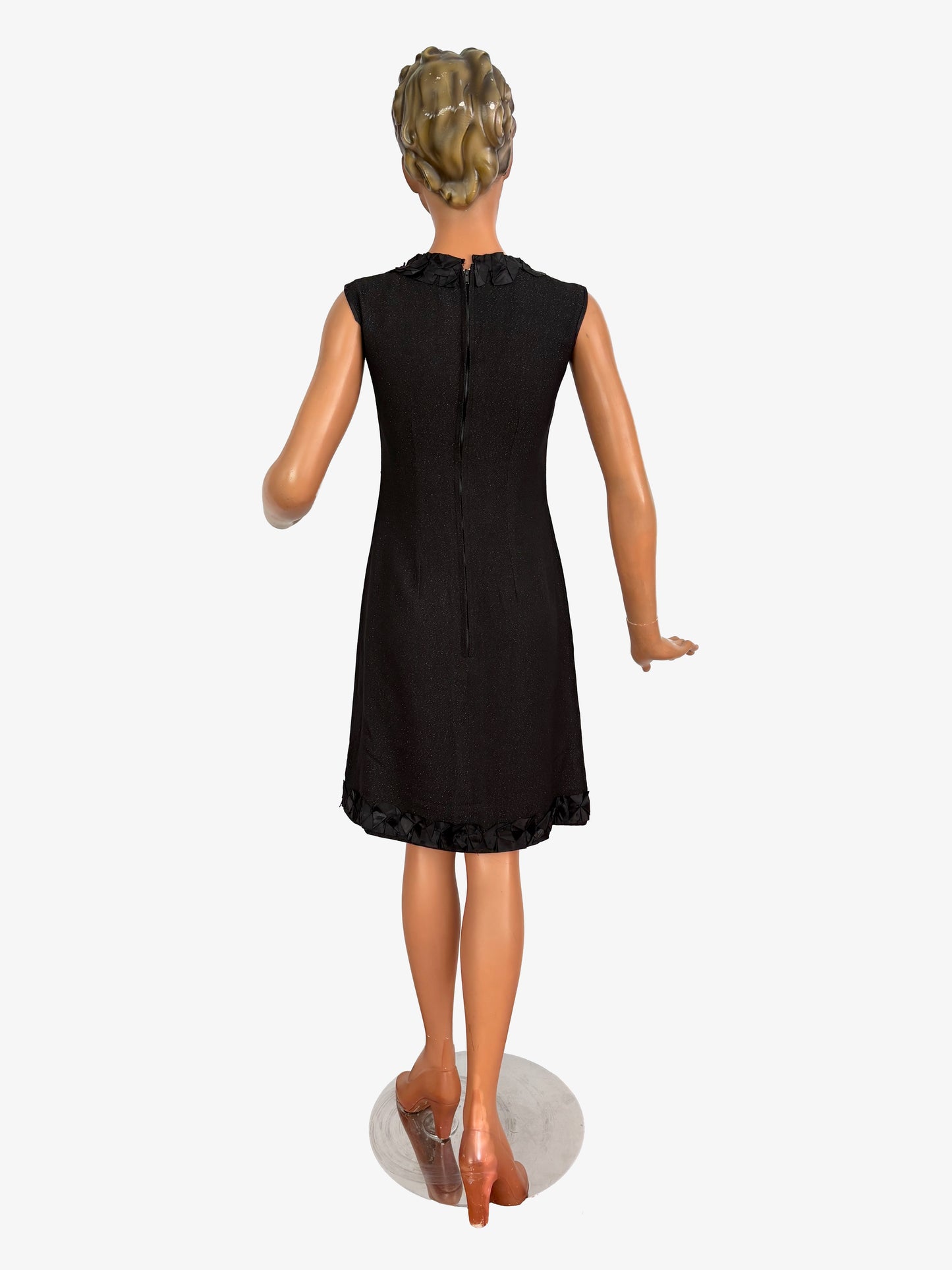 S | 1960s Little Black Lurex Dress With Satin Trim