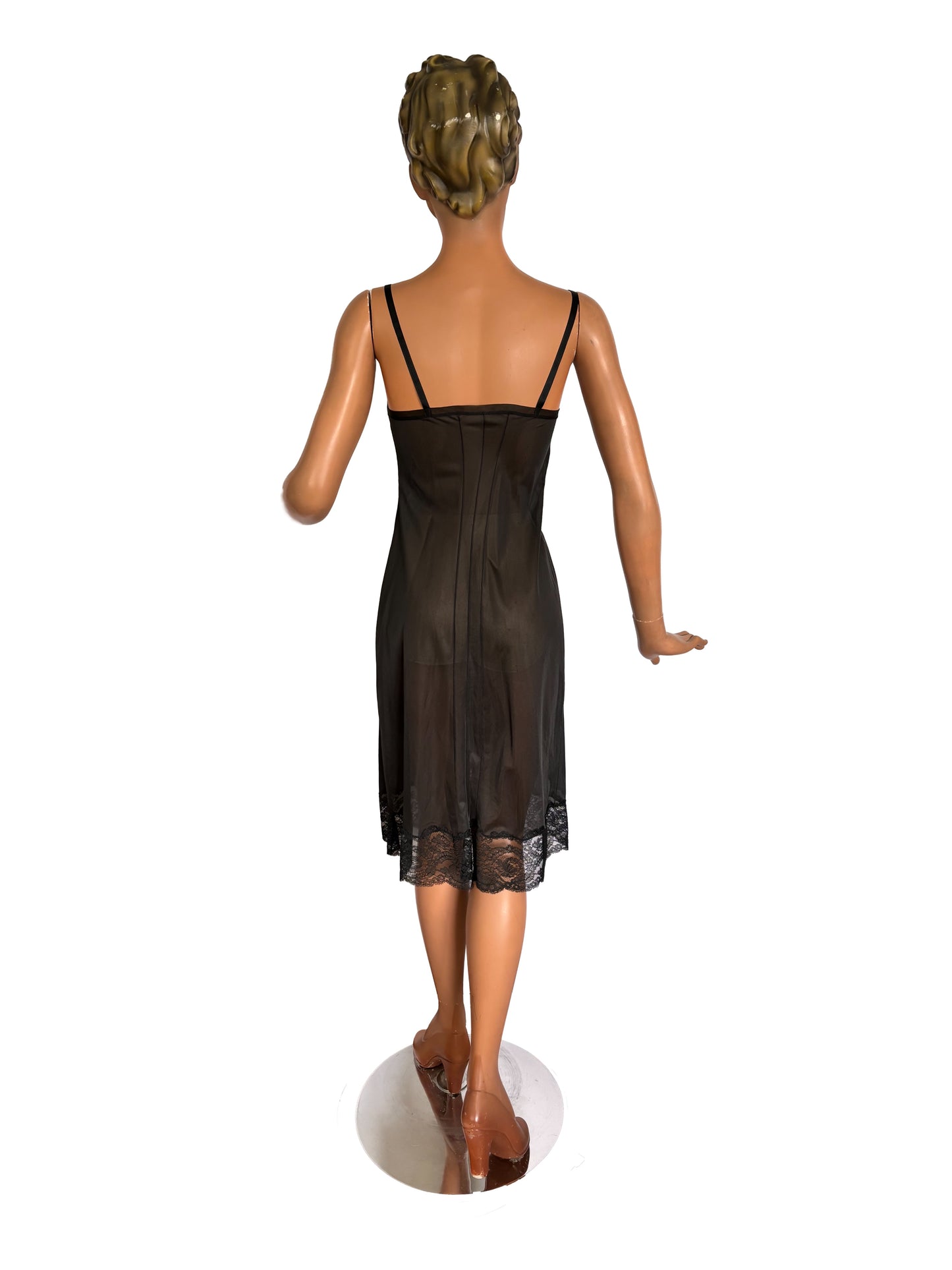 S | Vintage 1960s Black Nylon Slip Dress with Lace Cups and Hem