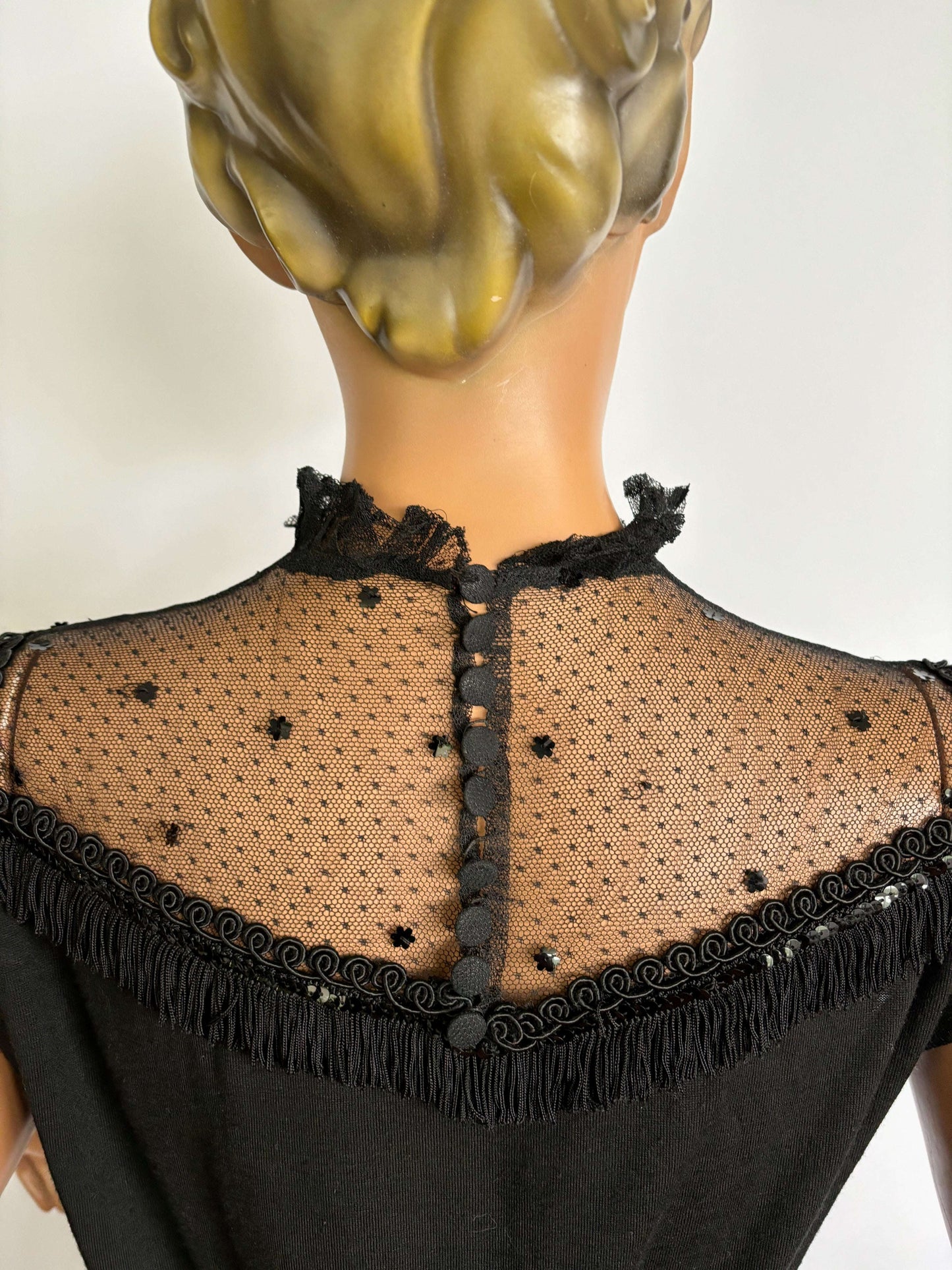 S/M | 1950s Wool Jersey Mesh Soutache Fringe Top Lily Scarlet