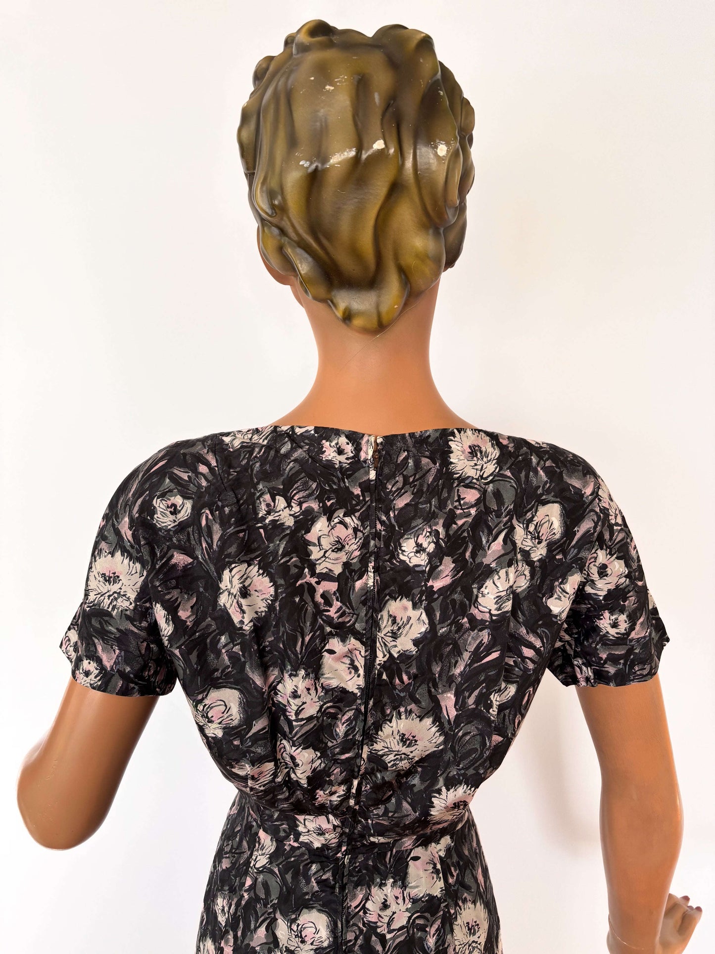 S | 1950s Black and Pink Silk Floral Print Dress Lily Scarlet