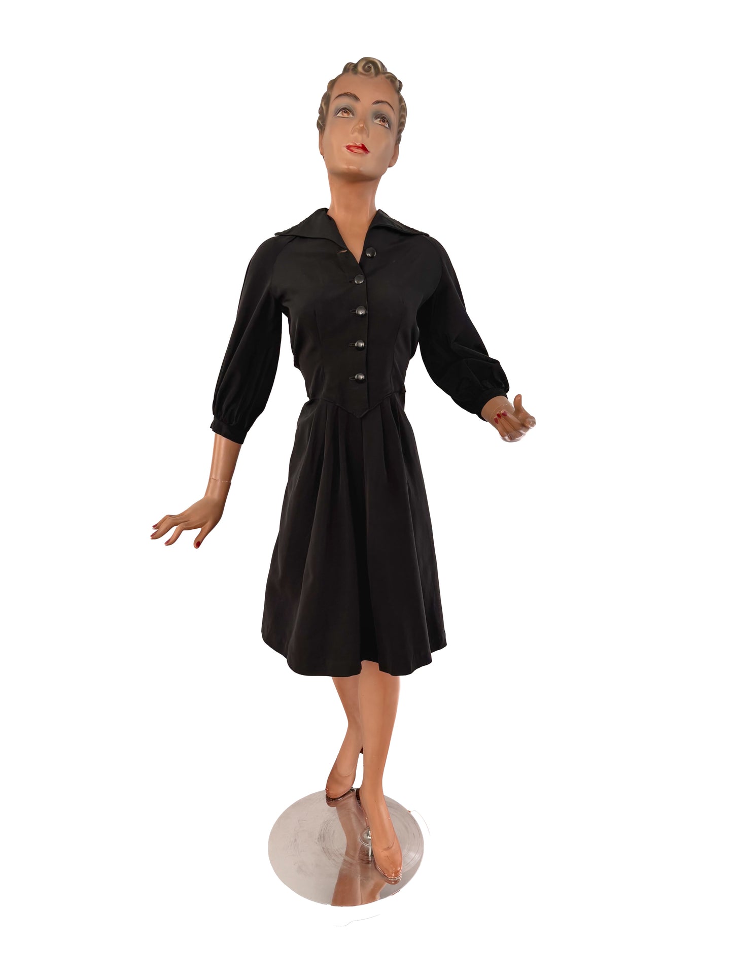 XS | 1950s Black Taffeta Shirtwaist Dress