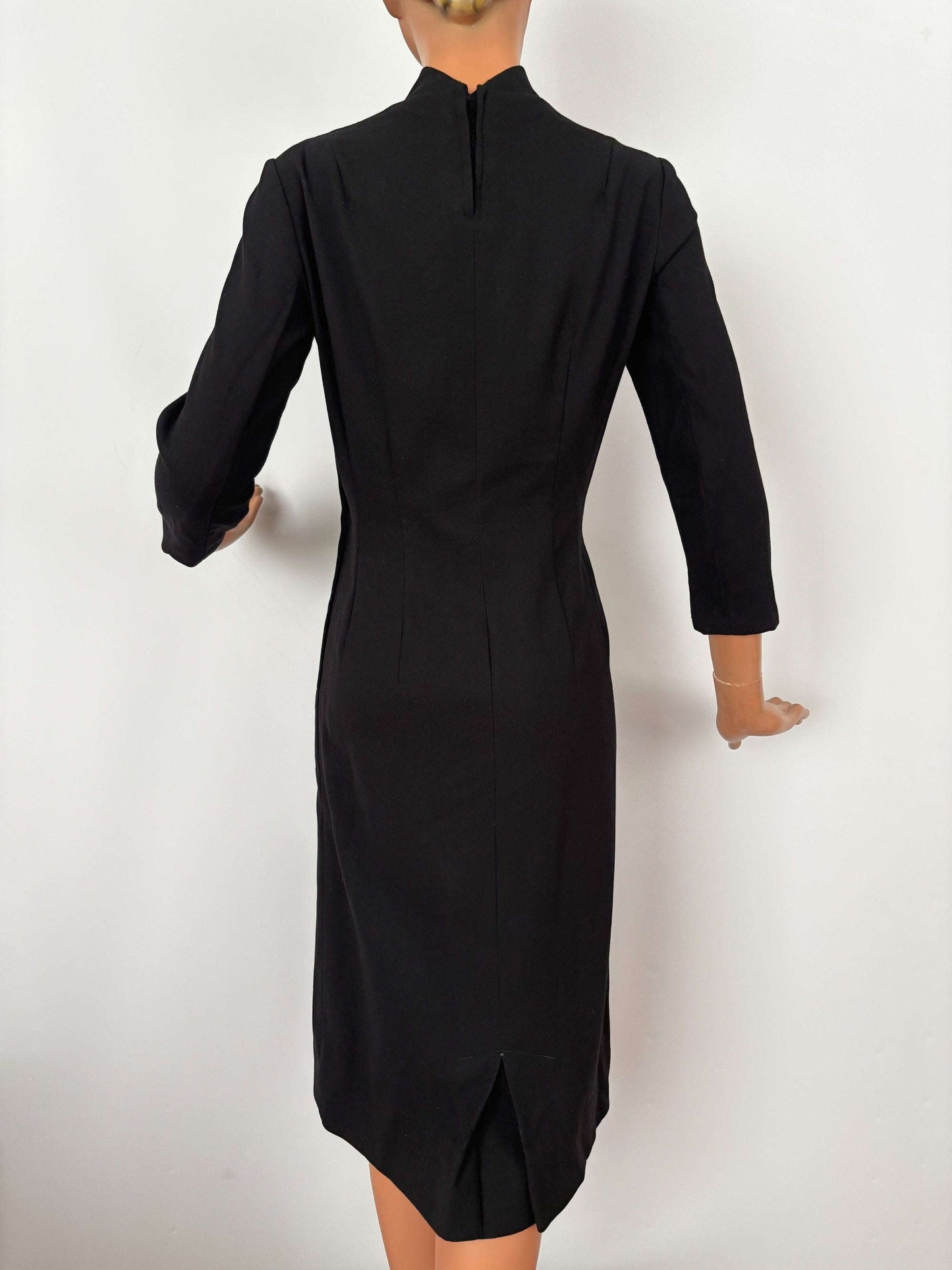 S | 1960s Black Wool Sheath Dress With Stand Collar Lily Scarlet