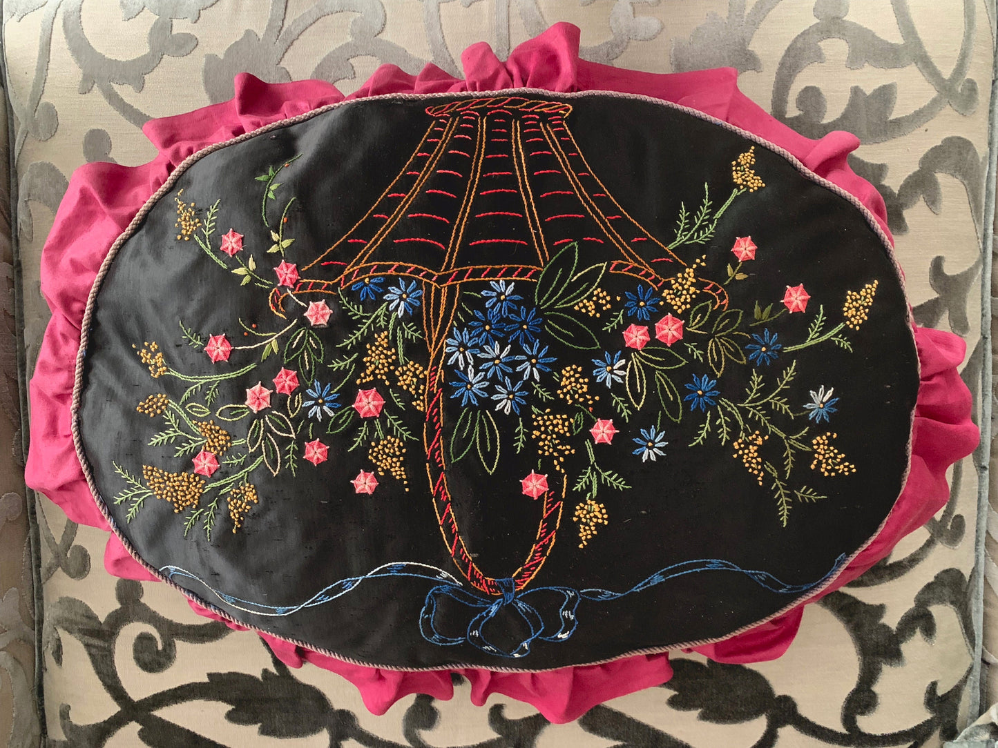 Antique 1920s Embroidered Boudoir Pillow