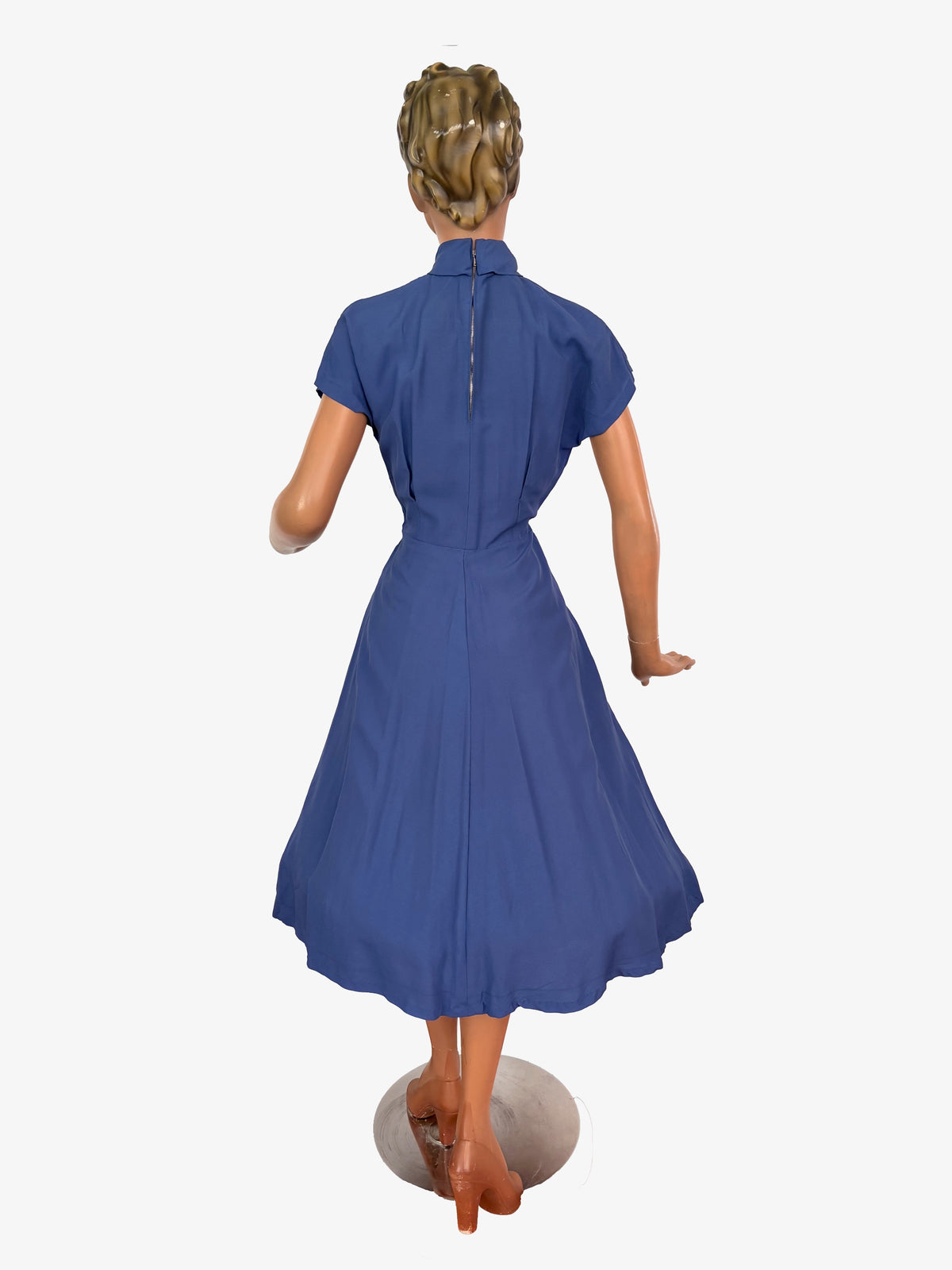 XS | 1950s Blue Gabardine Abstract Floral Appliqué Novelty Dress