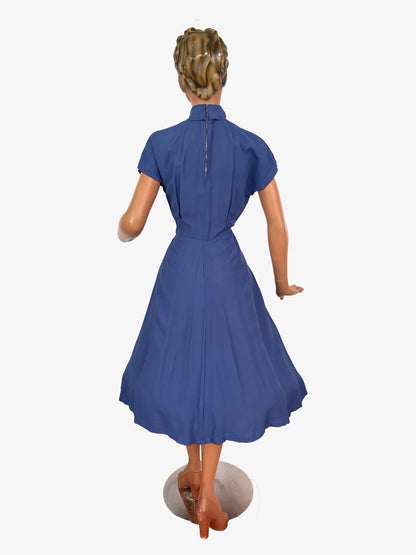 XS | 1950s Blue Gabardine Abstract Floral Appliqué Novelty Dress