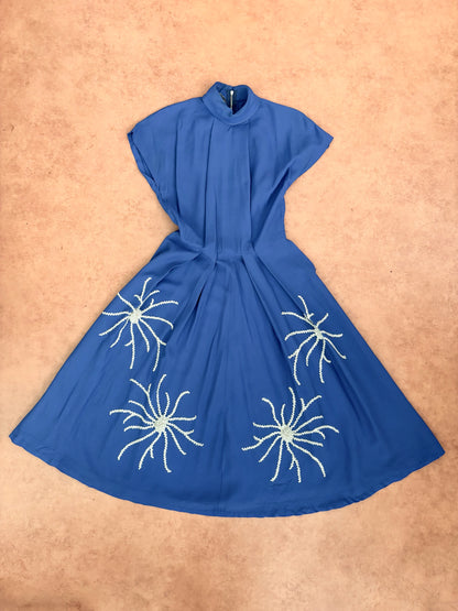 XS | 1950s Blue Gabardine Abstract Floral Appliqué Novelty Dress