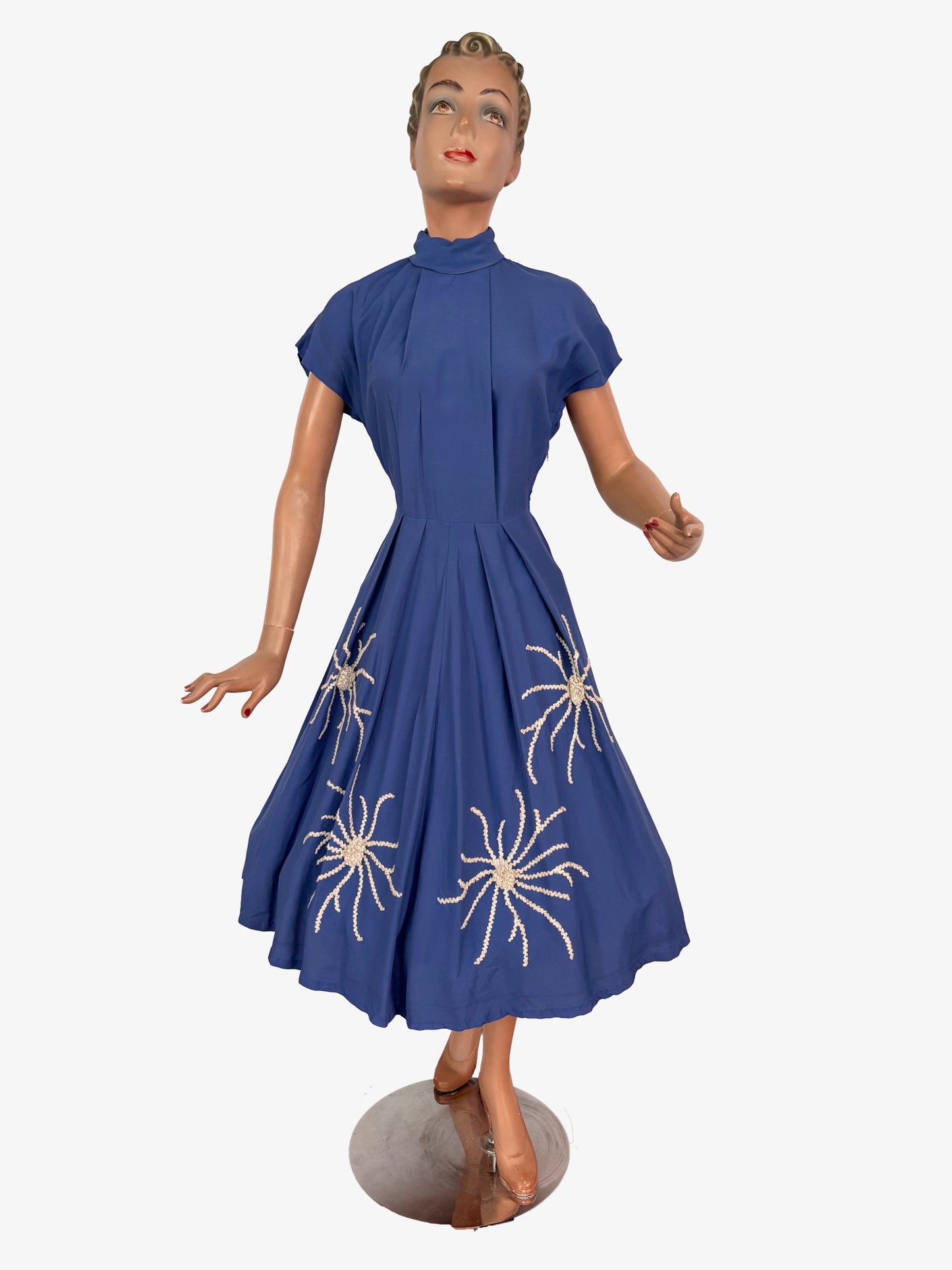 XS | 1950s Blue Gabardine Abstract Floral Appliqué Novelty Dress