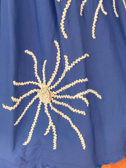 XS | 1950s Blue Gabardine Abstract Floral Appliqué Novelty Dress
