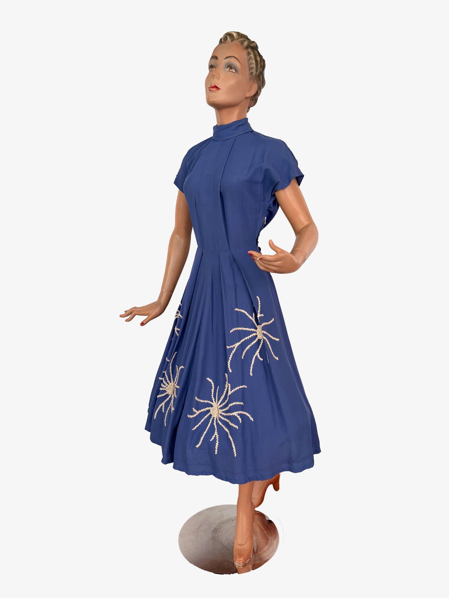 XS | 1950s Blue Gabardine Abstract Floral Appliqué Novelty Dress