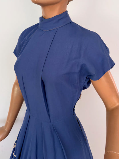 XS | 1950s Blue Gabardine Abstract Floral Appliqué Novelty Dress