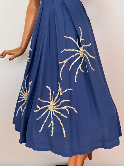 XS | 1950s Blue Gabardine Abstract Floral Appliqué Novelty Dress