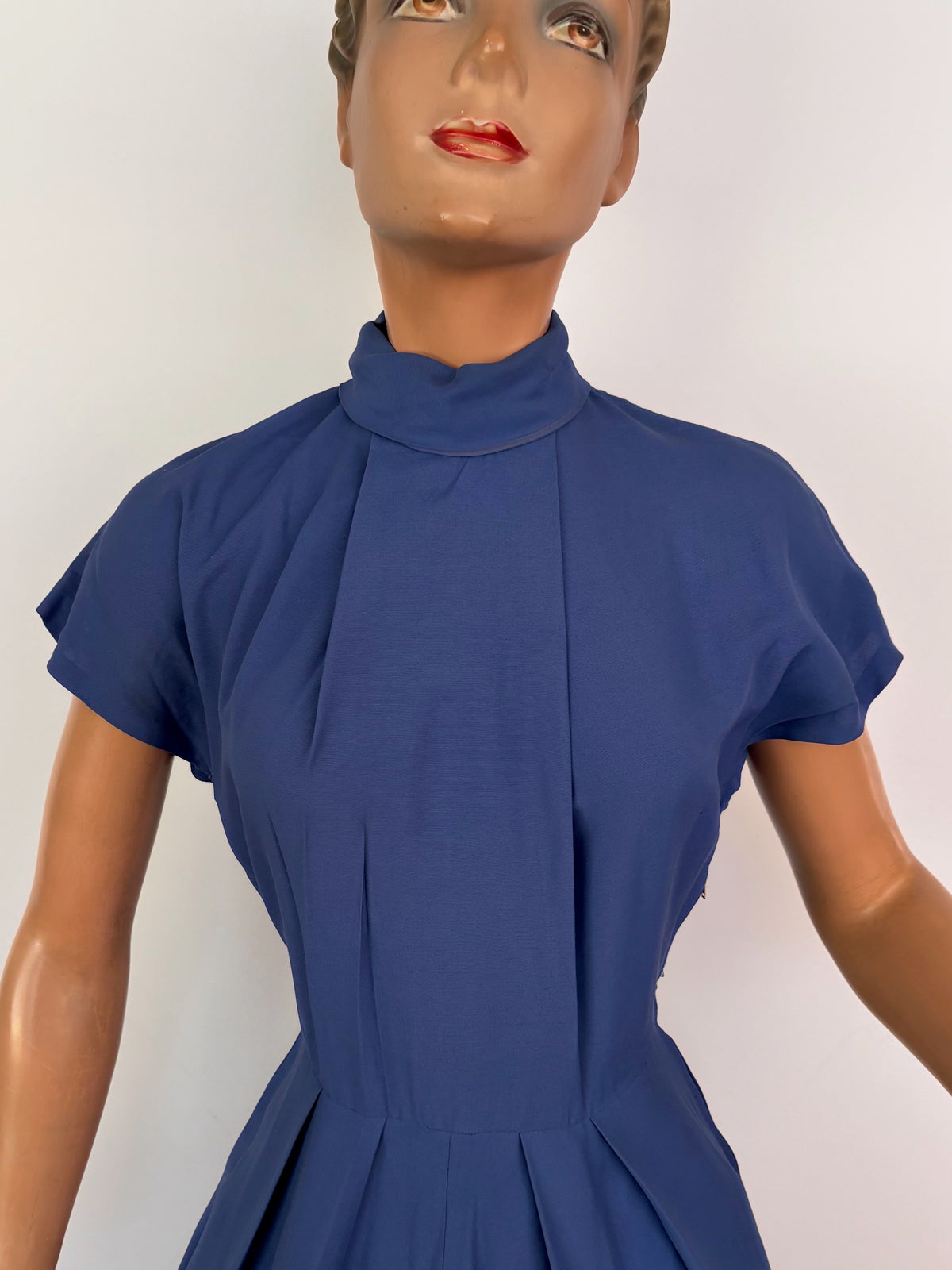 XS | 1950s Blue Gabardine Abstract Floral Appliqué Novelty Dress