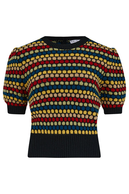 Claudette Short Sleeve Pullover Jumper in Black with Multi Colour Spots