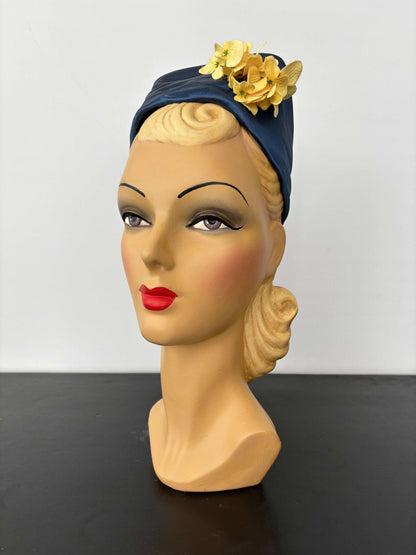 1950s Blue Satin Half Hat with Yellow Flowers Application
