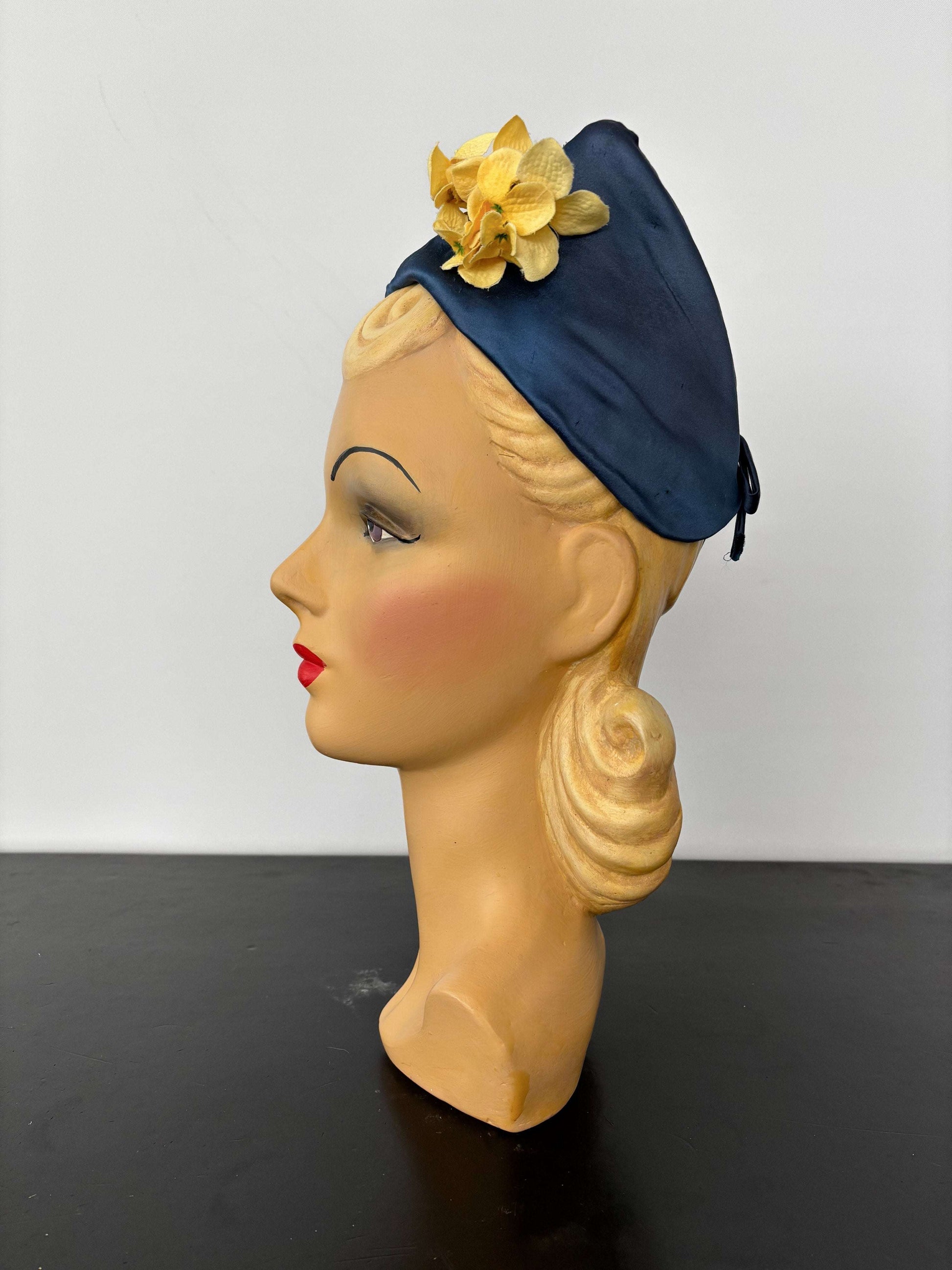 1950s Blue Satin Half Hat with Yellow Flowers Application