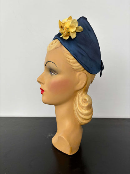 1950s Blue Satin Half Hat with Yellow Flowers Application
