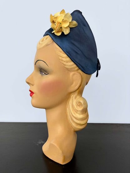 1950s Blue Satin Half Hat with Yellow Flowers Application