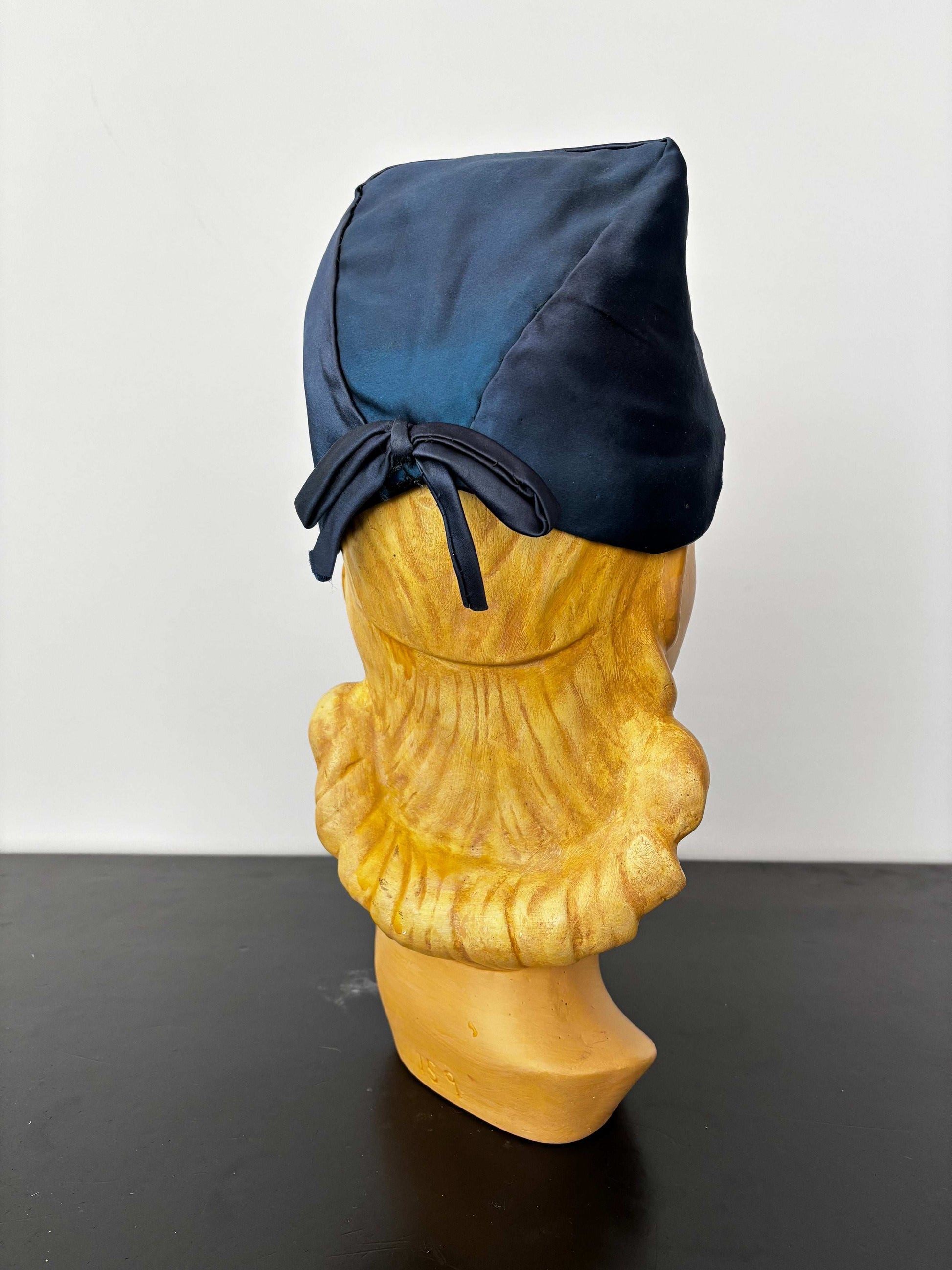 1950s Blue Satin Half Hat with Yellow Flowers Application