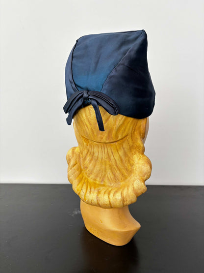 1950s Blue Satin Half Hat with Yellow Flowers Application