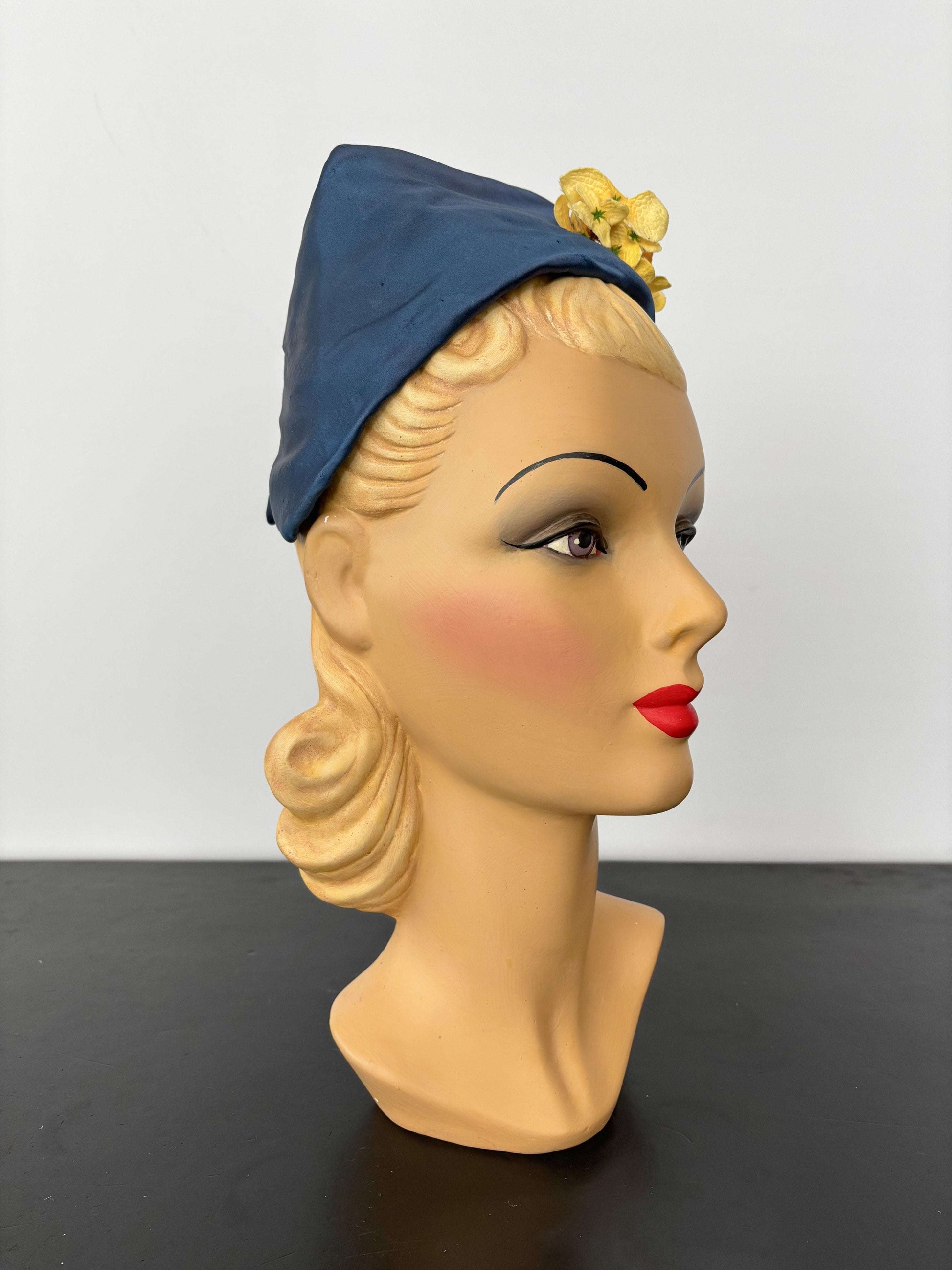 1950s Blue Satin Half Hat with Yellow Flowers Application