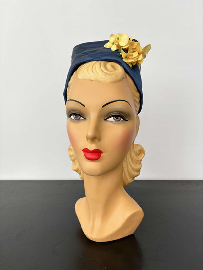 1950s Blue Satin Half Hat with Yellow Flowers Application
