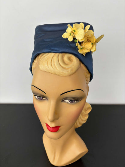 1950s Blue Satin Half Hat with Yellow Flowers Application