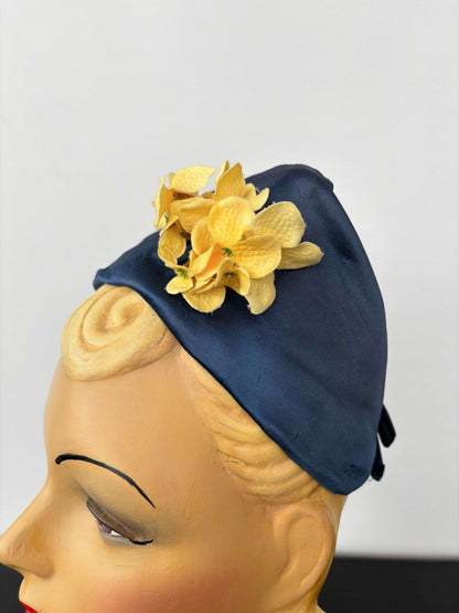 1950s Blue Satin Half Hat with Yellow Flowers Application