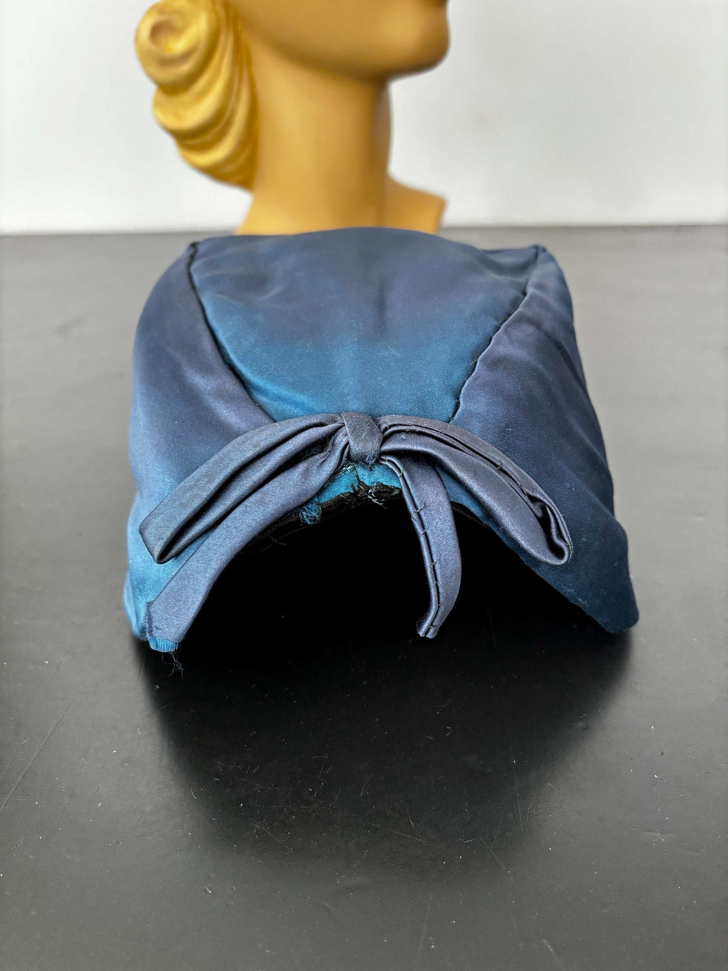 1950s Blue Satin Half Hat with Yellow Flowers Application