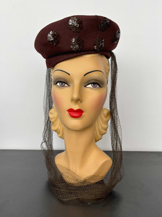 1940s New York Creation Brown Felt Hat With Sequins and Veil