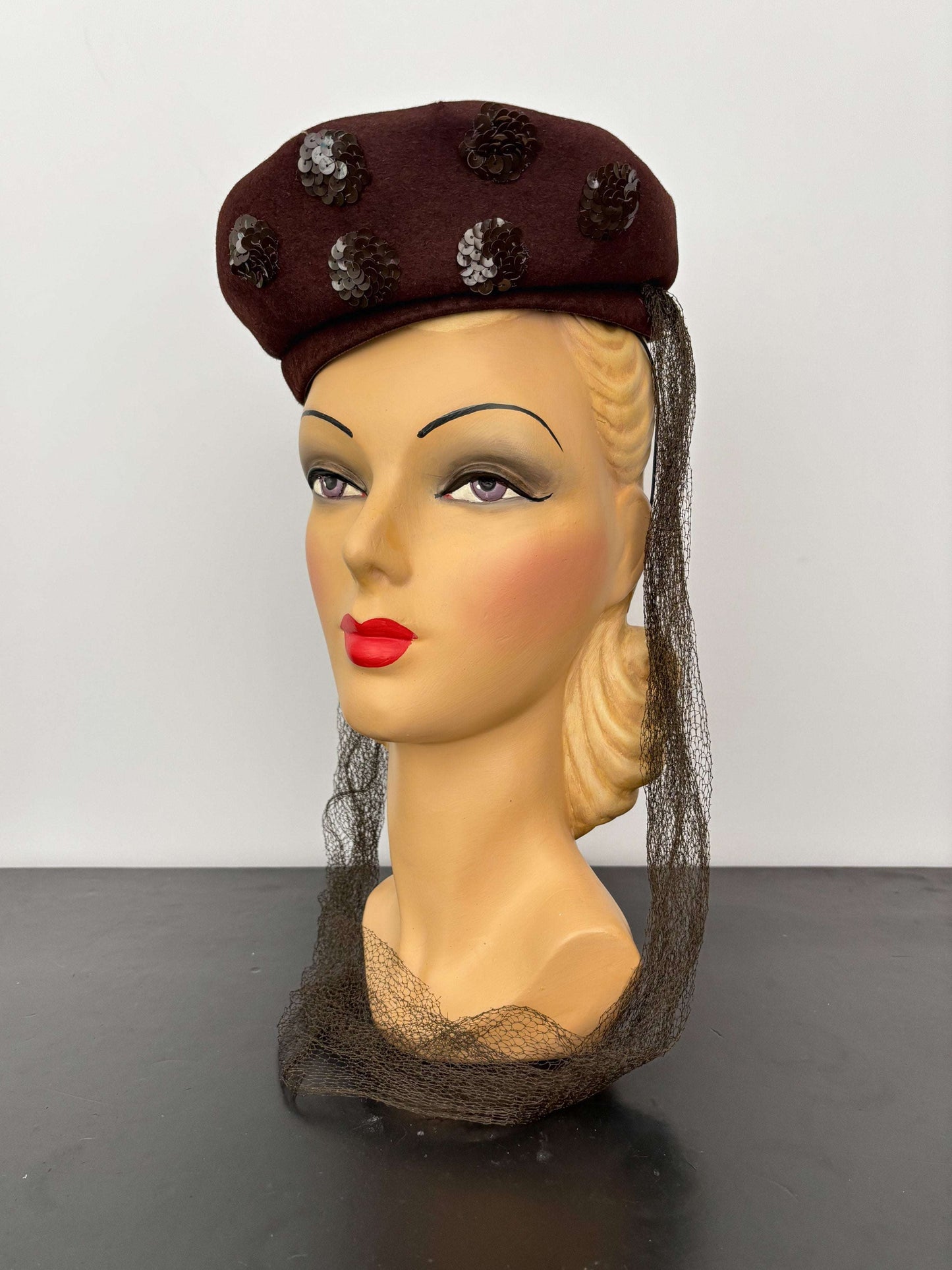1940s New York Creation Brown Felt Hat With Sequins and Veil