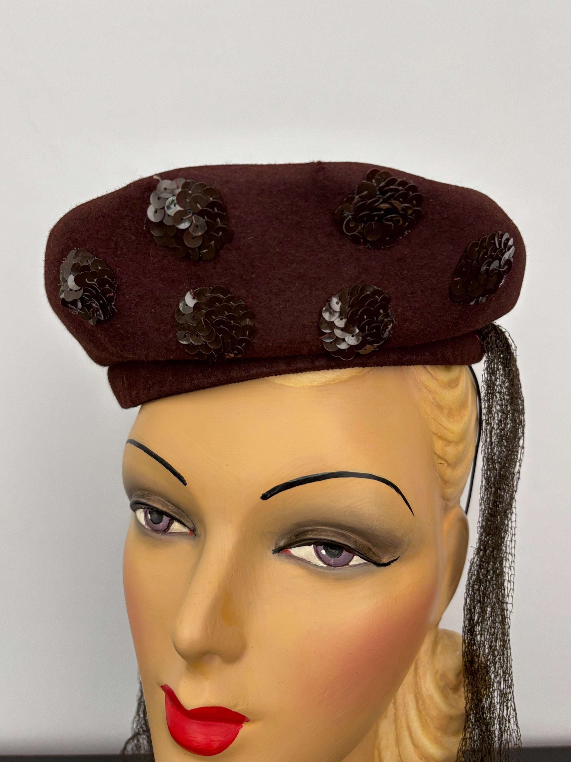 1940s New York Creation Brown Felt Hat With Sequins and Veil