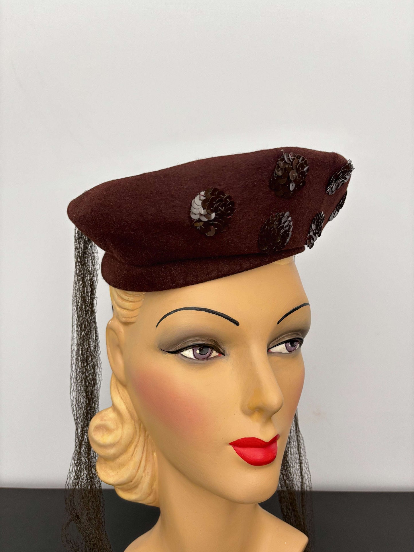 1940s New York Creation Brown Felt Hat With Sequins and Veil