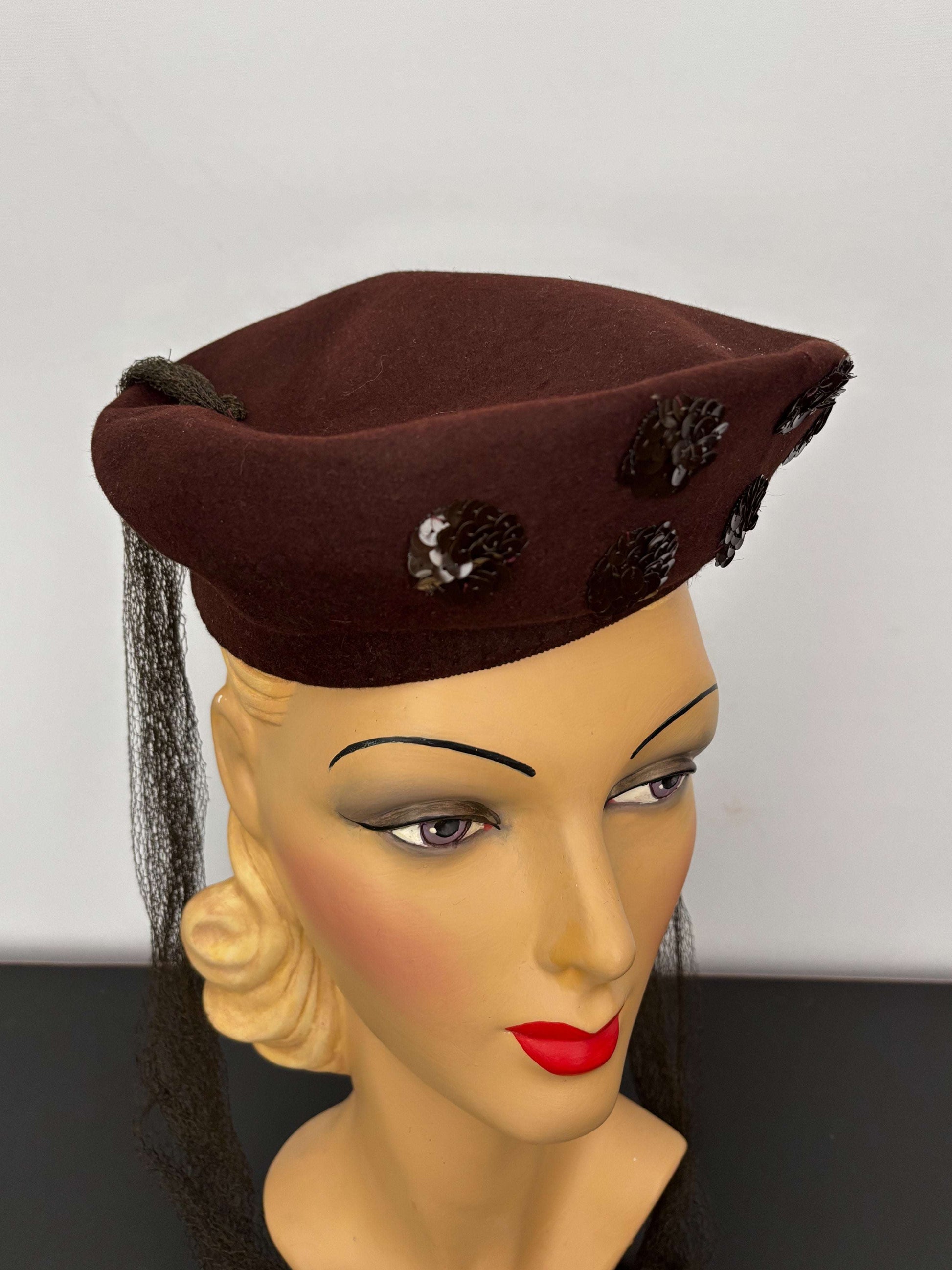 1940s New York Creation Brown Felt Hat With Sequins and Veil