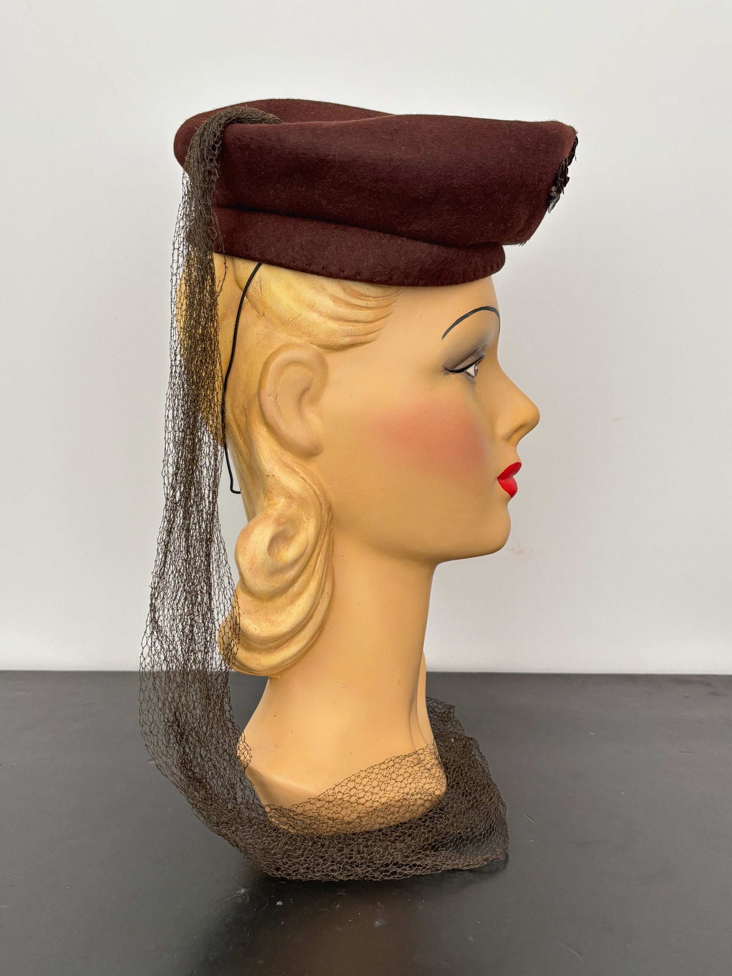 1940s New York Creation Brown Felt Hat With Sequins and Veil